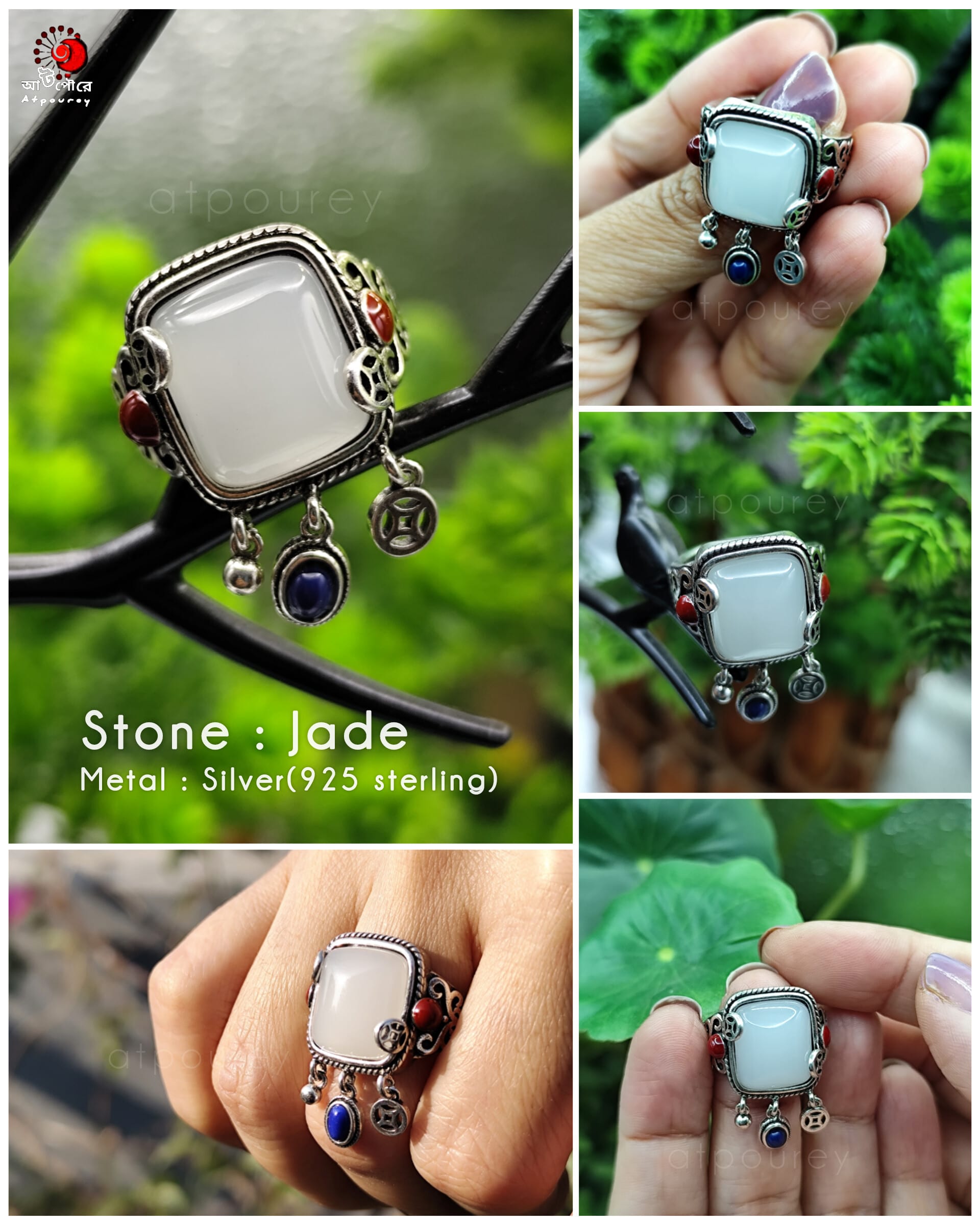 Style with silver rings white jade