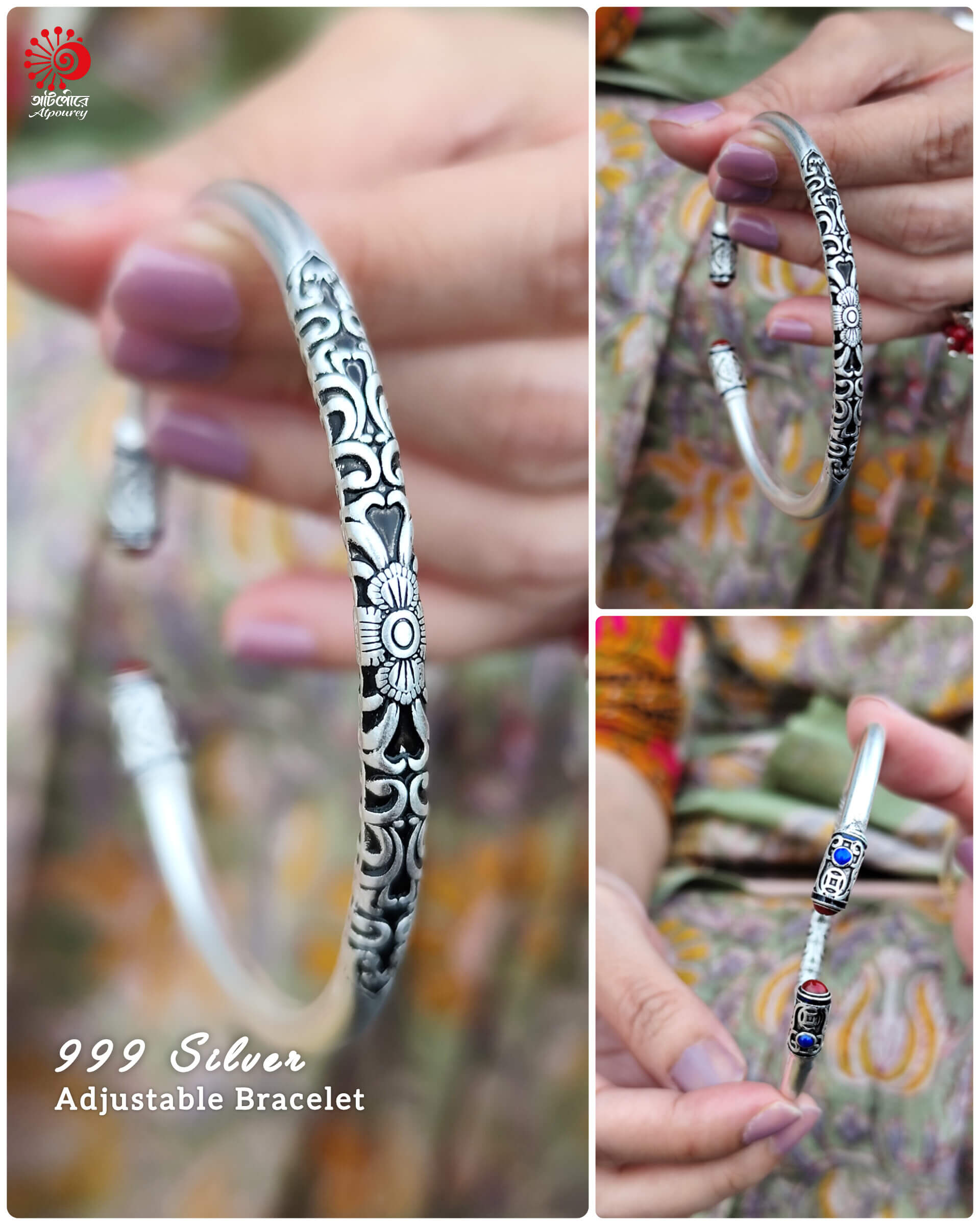 Adjustable Bracelet with 999 Stamped Black enamel work