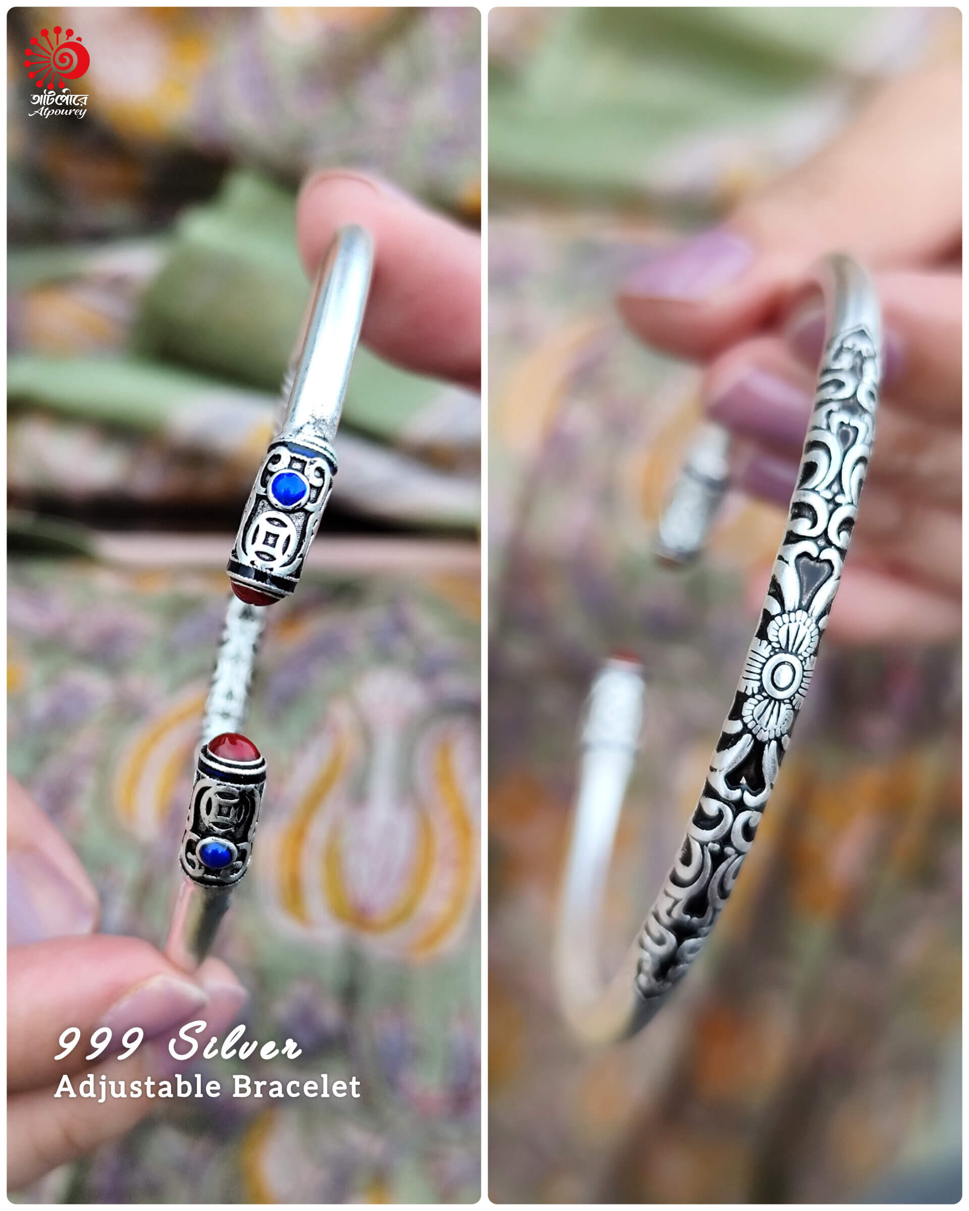 Adjustable Bracelet with 999 Stamped Black enamel work - Image 2