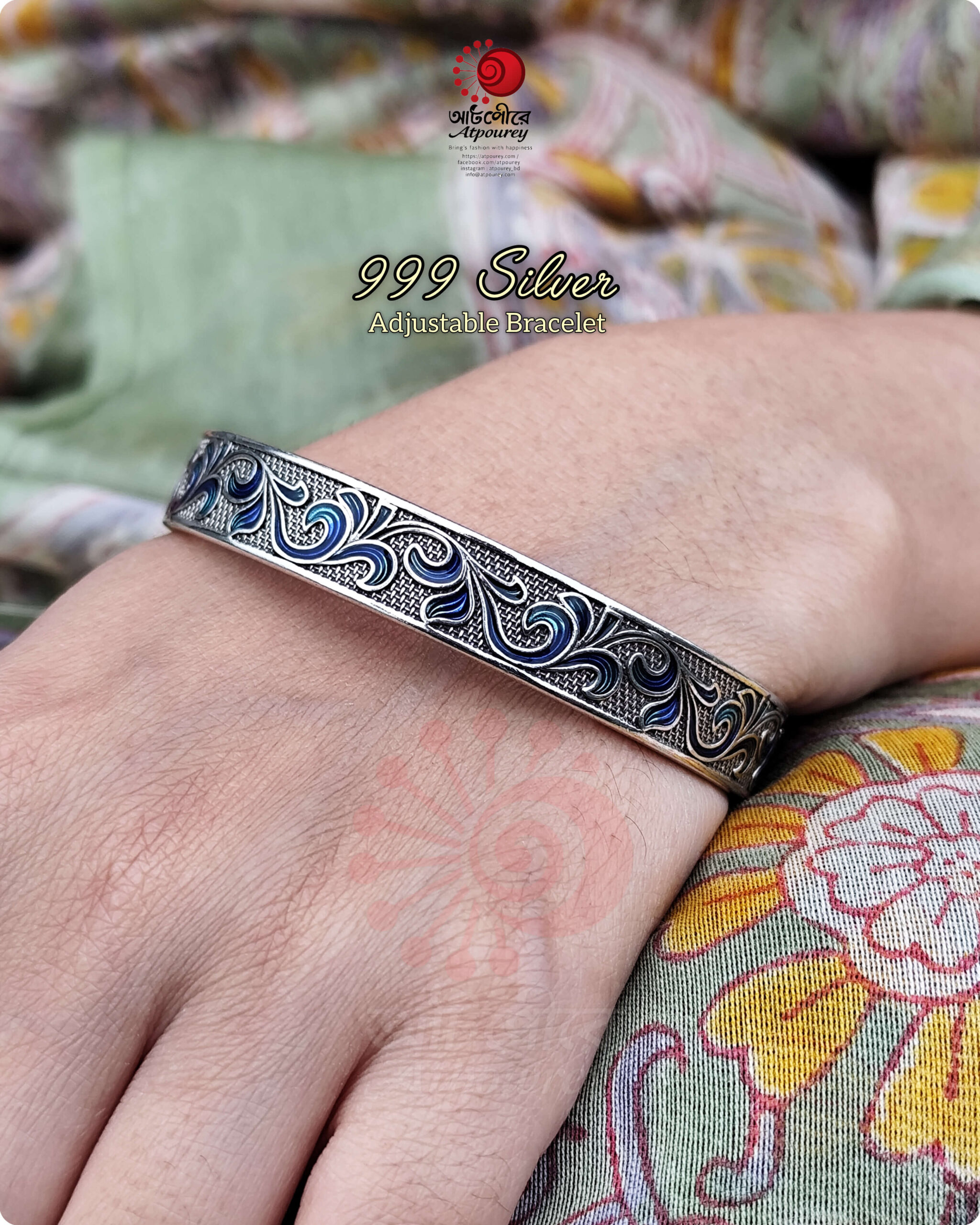 Adjustable Silver Bracelet with 999 Stamped - Image 3